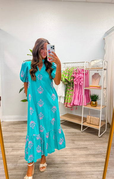 Botanical Embroidery Puff Sleeve Midi Dress