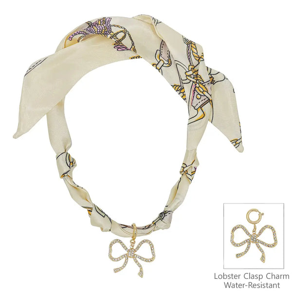 Knotted Scarf Necklace with Rhinestone Open Bow 1.5" Charm