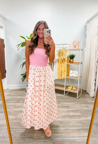 Strapless Polka Dot Tube Midi Dress
