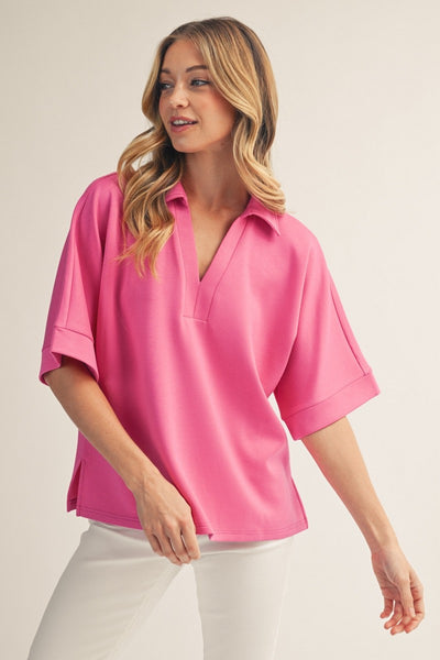 Side Slit Hem Solid V-Neck Top