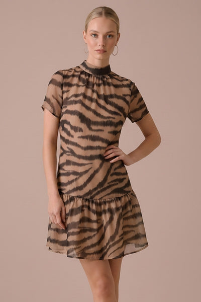 Print Organza Mock Neck Mini Dress