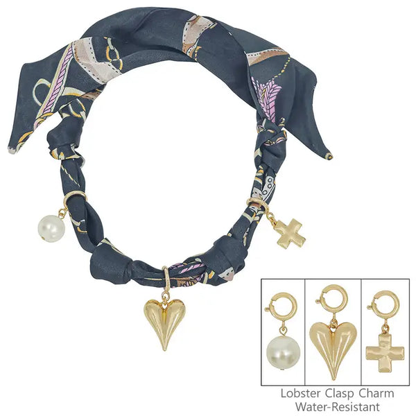 Knotted Scarf Necklace with Heart, Cross, & Pearl Charm