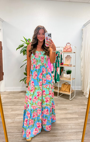 Printed Woven Shoulder Tie Maxi Dress