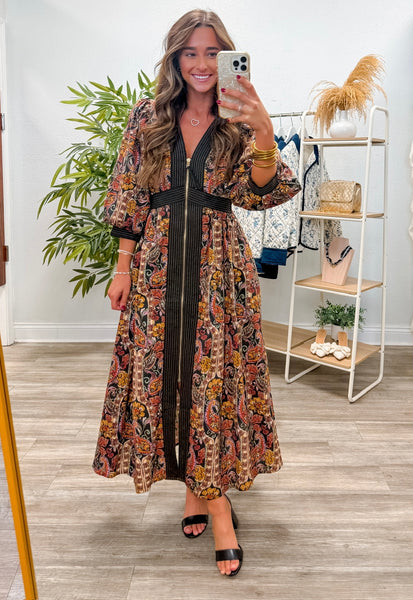 Paisley Print Puff Sleeve Midi Dress