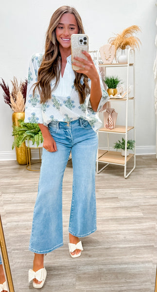 3/4 Sleeves Stripe Contrast Floral Top