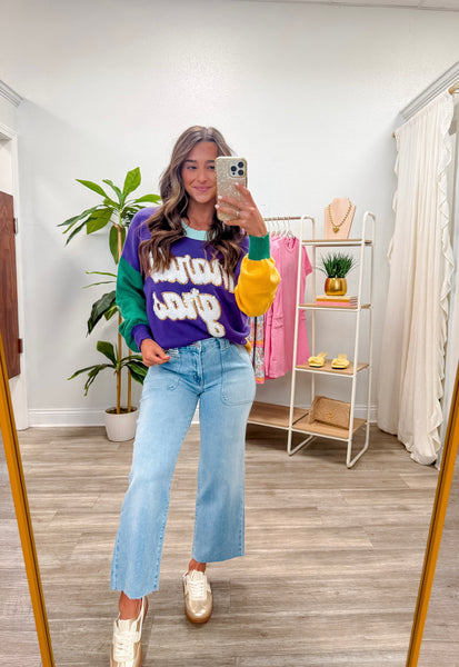 Colorblock Fuzzy Mardi Gras Sweater