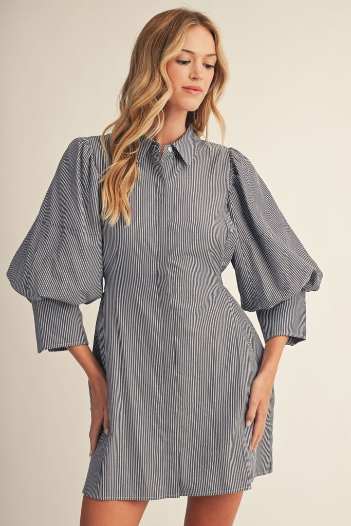 Bishop Sleeves Waist Tie Pinstripe Dress