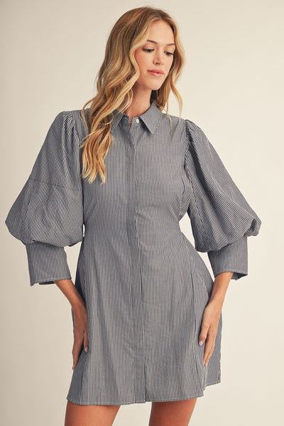 Bishop Sleeves Waist Tie Pinstripe Dress
