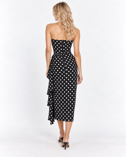 Polka Dot Strapless Pleated Midi Dress