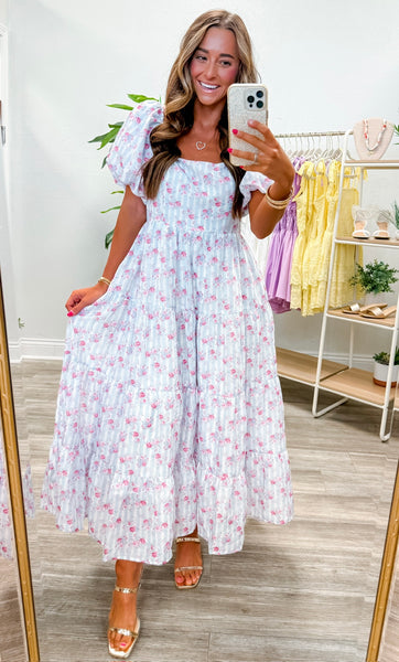 Floral Bubble Sleeve Back Tie Detail Dress