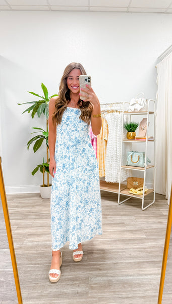 Watercolor Floral Spaghetti Strap Midi Dress