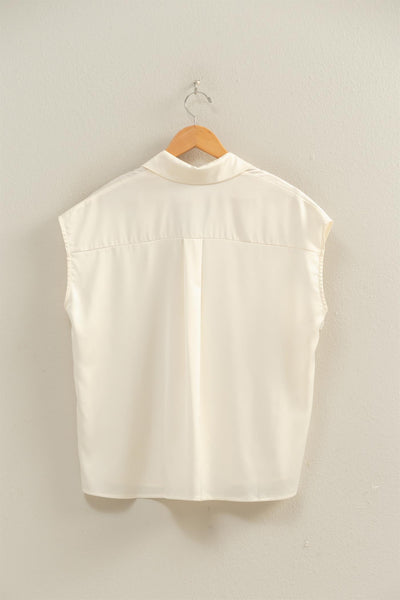 Sleeveless Satin Button Up Blouse