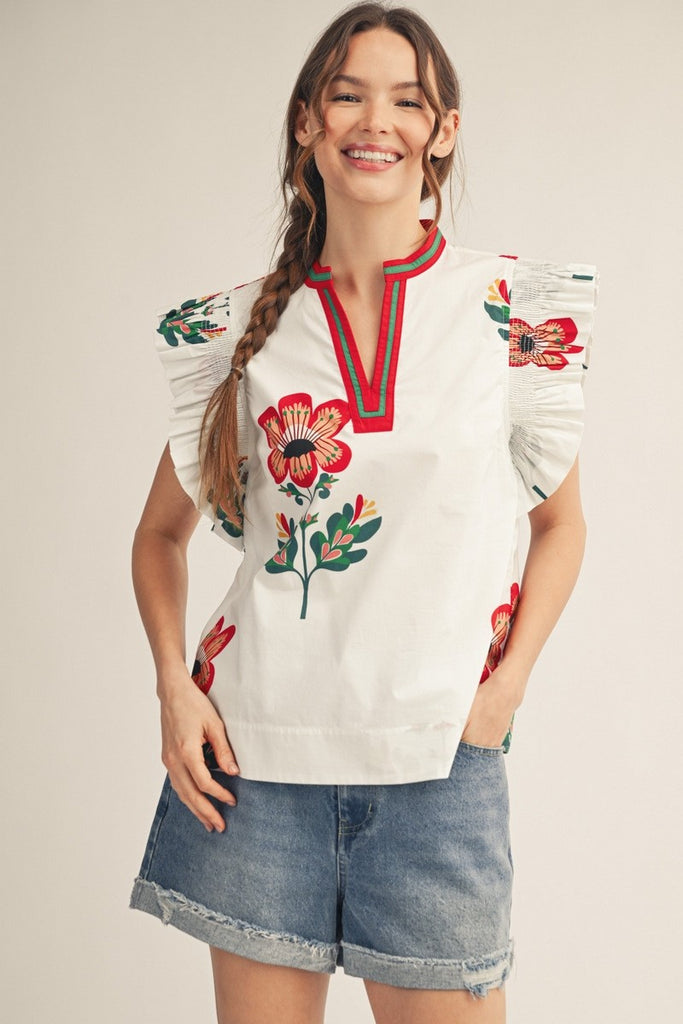Ruffled Sleeves Floral Print Woven Top