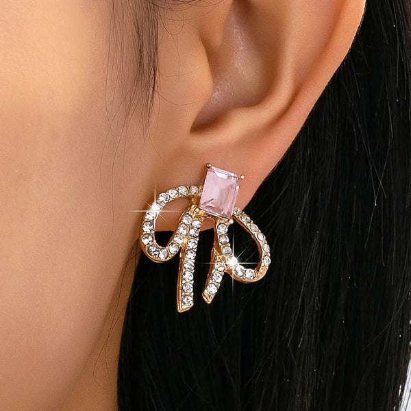 Emerald-Cut Pink Crystal Rhinestone Bow Earrings