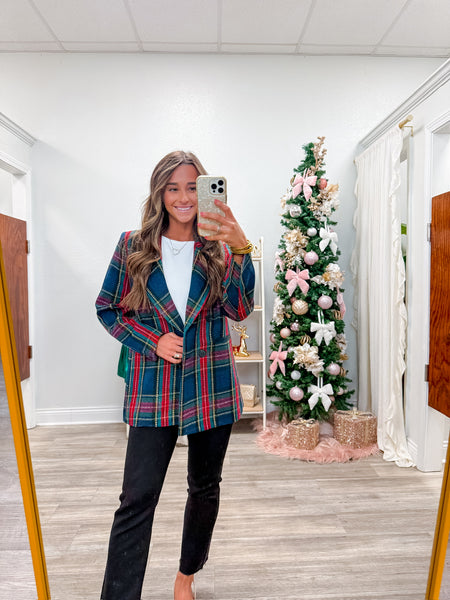 Tweed Padded Shoulder Plaid Blazer