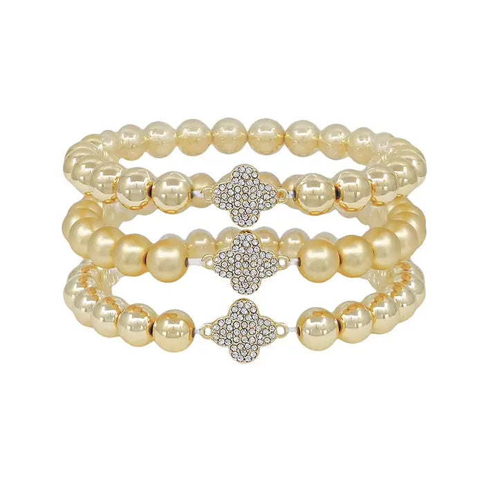 Set of 3 Gold Beaded Bracelets with Pave Clover