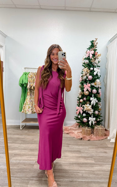 Solid Satin Cowl Back Sleeveless Bow Midi Dress