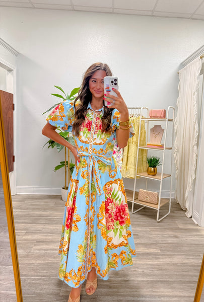 Printed Woven Puff Sleeve Midi Dress