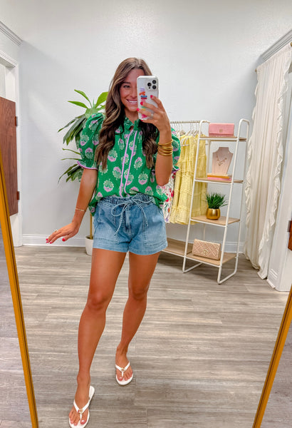 Floral Block Print Puff Sleeve Top