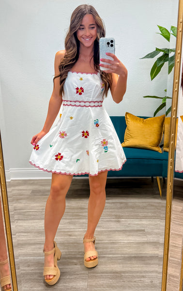Floral Embroidered Square Neckline Mini Dress