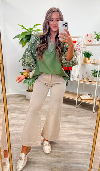 Floral Pattern Embroidered ¾ Sleeve Top