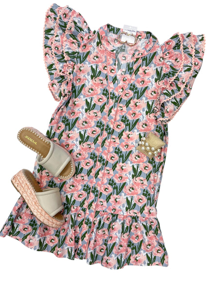 Floral Print Button-up Ruffle Dress