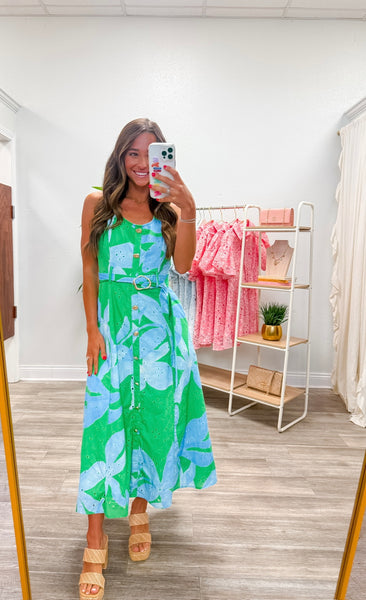 Botanical Print Sleeveless Midi Dress