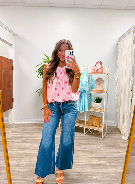 Tie Strap Smocked Polka Dot Top
