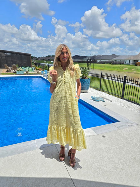 Lemon Eyelet Short Puff Sleeve Midi Dress