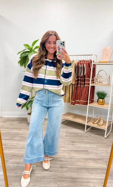 Striped Knit Crew Neck Button Cardigan