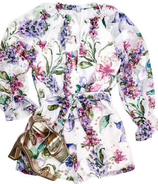 V-Neck Floral Poet Sleeve Romper