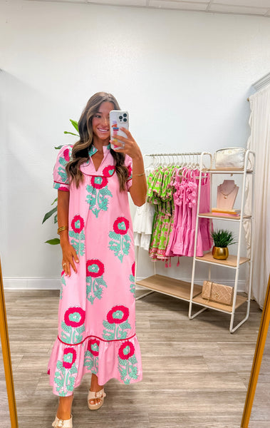 Floral Mandarin Collar Midi Dress