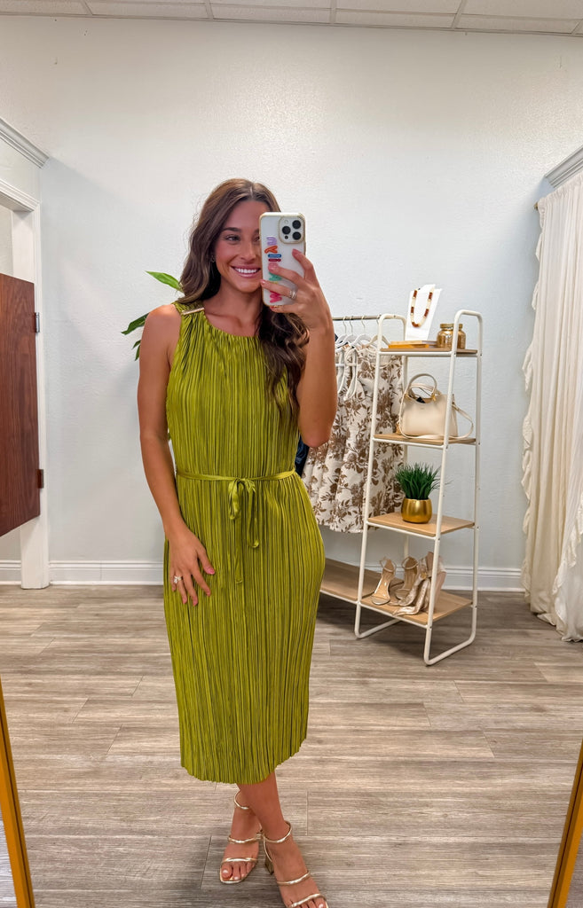 Gold Hardware Trim Plisse Midi Dress