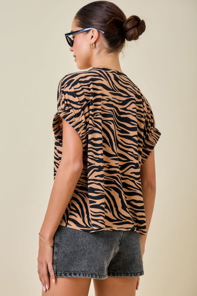Tiger Print Elastic Sleeve Top