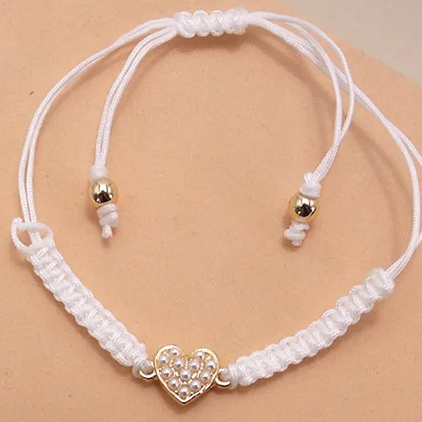 Adjustable Rope Band Pearl Heart Bow Bracelet