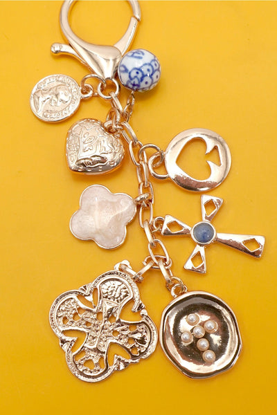 Cross Heart Porcelain Coin Key Charm