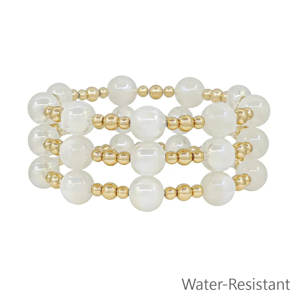 Set of 3 Gold Beaded w/ White "Candy" 10mm Beaded Stretch Bracelets