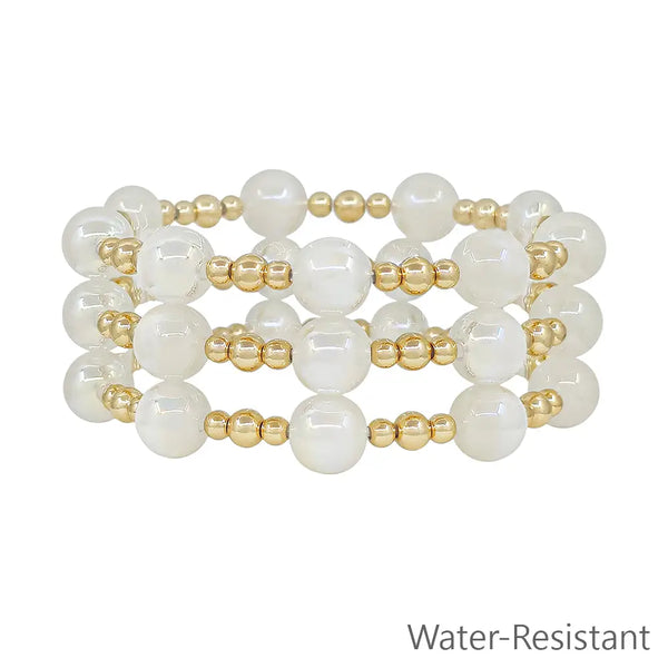 Set of 3 Gold Beaded w/ White "Candy" 10mm Beaded Stretch Bracelets