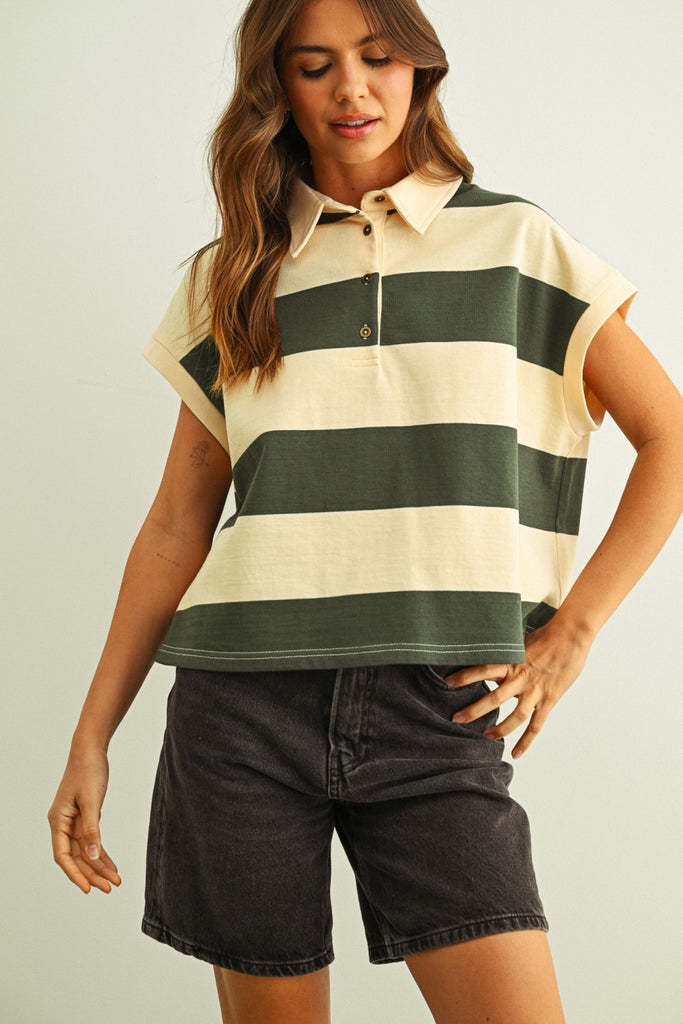 Wide Striped Sleeveless Polo Top