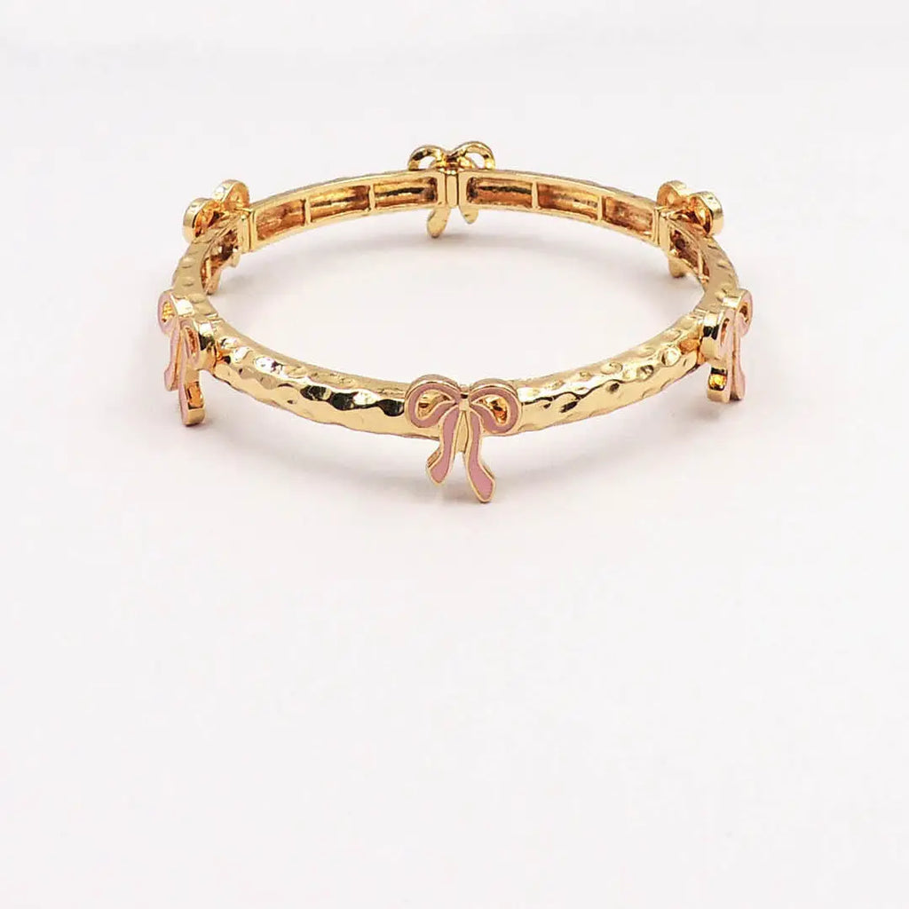 Gold Metal Hammered Stretch Bracelet with Pink Bows