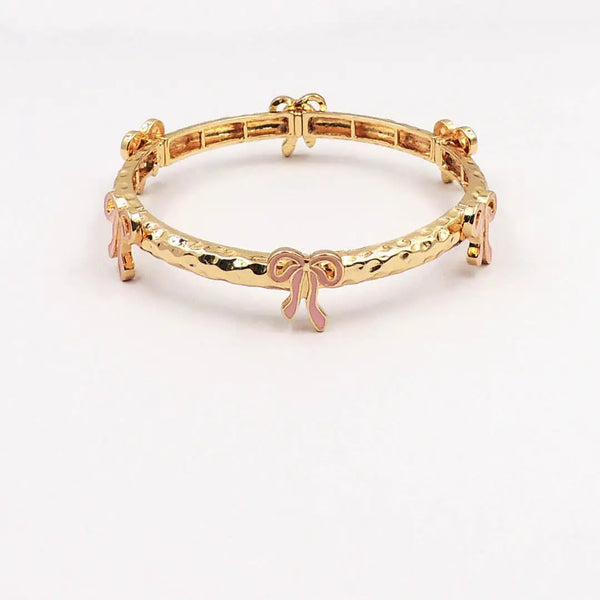 Gold Metal Hammered Stretch Bracelet with Pink Bows
