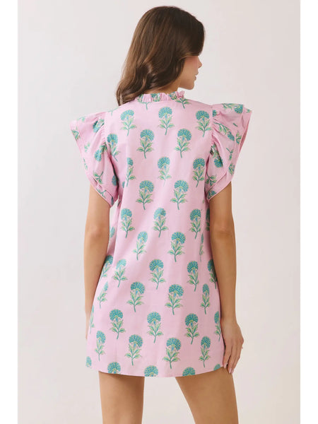Floral Print Ruffled Neck Mini Dress