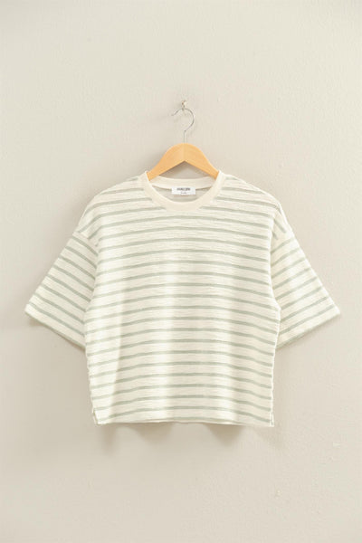 Striped Textured Terry Crew Neck Top