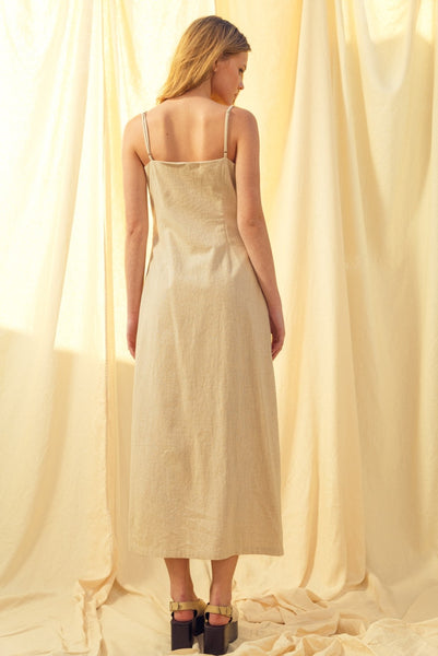 Button Detail Linen Long Dress