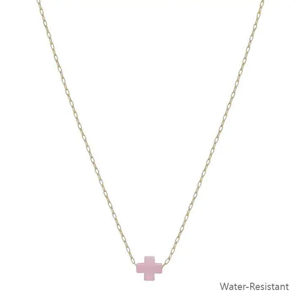 Water Resistant Gold Chain w/ Pink Resin Cross 16"-18" Necklace
