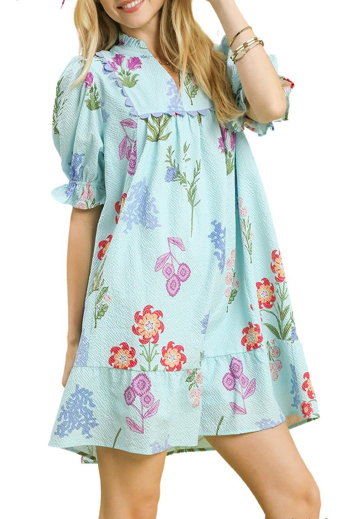 Multi Flower Print V-Neck Dress