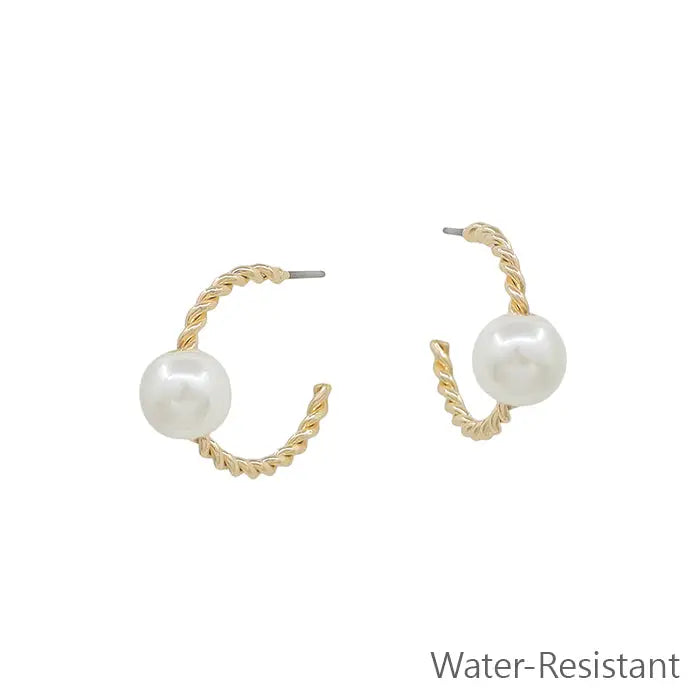 Water Resistant Textured Gold Hoop w/ Pearl Accent .75" Earring