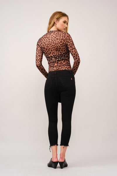 Leopard Mesh Mock Neck Fitted Top