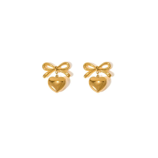 Isabella Bow & Heart Earrings ~ 18k Gold Plated Stainless St