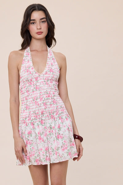 Floral Halter Scallop Smocked Mini Dress